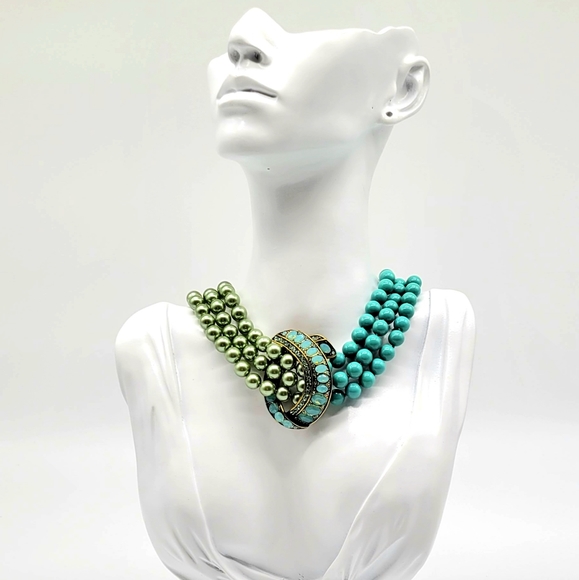 Heidi Daus Rare 80s Vintage Half Pearl Half Turquoise Choker w/ Crystal Pendant - Picture 8 of 11